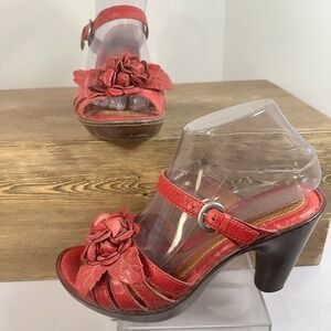 Born Floral Heeled Sandals Womens 8/39 Red Leather Rosette Coquette Chic Pinup